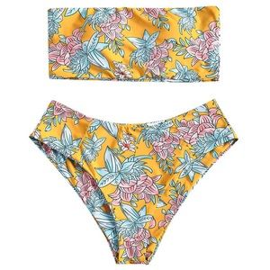 ZAFUL Floral Yellow Blue Pink Bandeau cheeky bikini size Small
